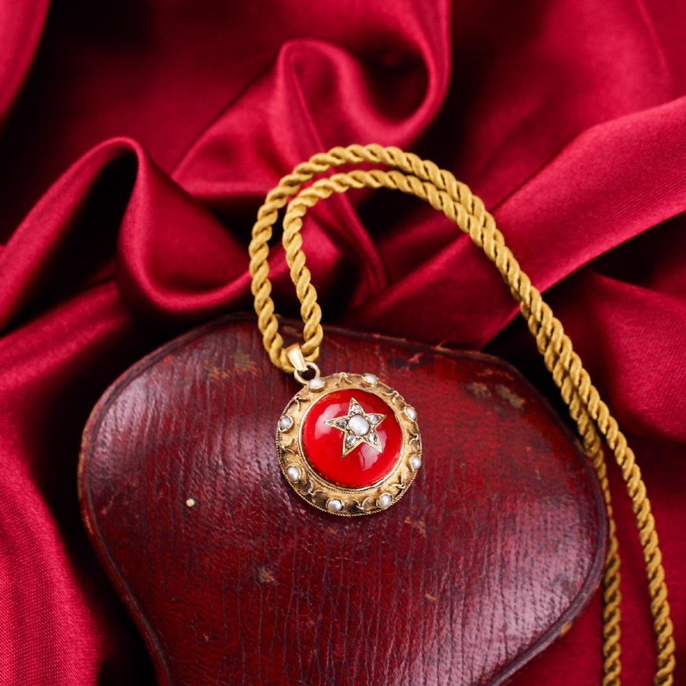 Antique Victorian Diamond & Pearl Star Necklace with Red Rock Crystal Cabochon 15ct Gold - c.1880 -- View XVII