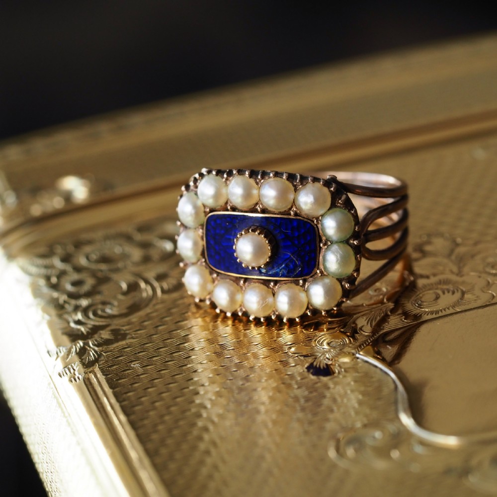 Antique Georgian Blue Enamel & Seed Pearl 14ct Gold Cluster Ring - c.1800 --