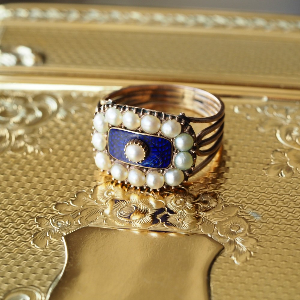 Antique Georgian Blue Enamel & Seed Pearl 14ct Gold Cluster Ring - c.1800 -- View II