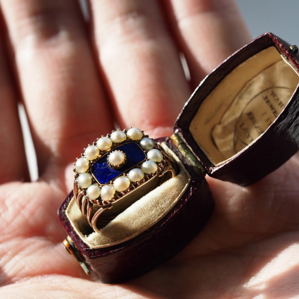 Antique Georgian Blue Enamel & Seed Pearl 14ct Gold Cluster Ring - c.1800 -- View V