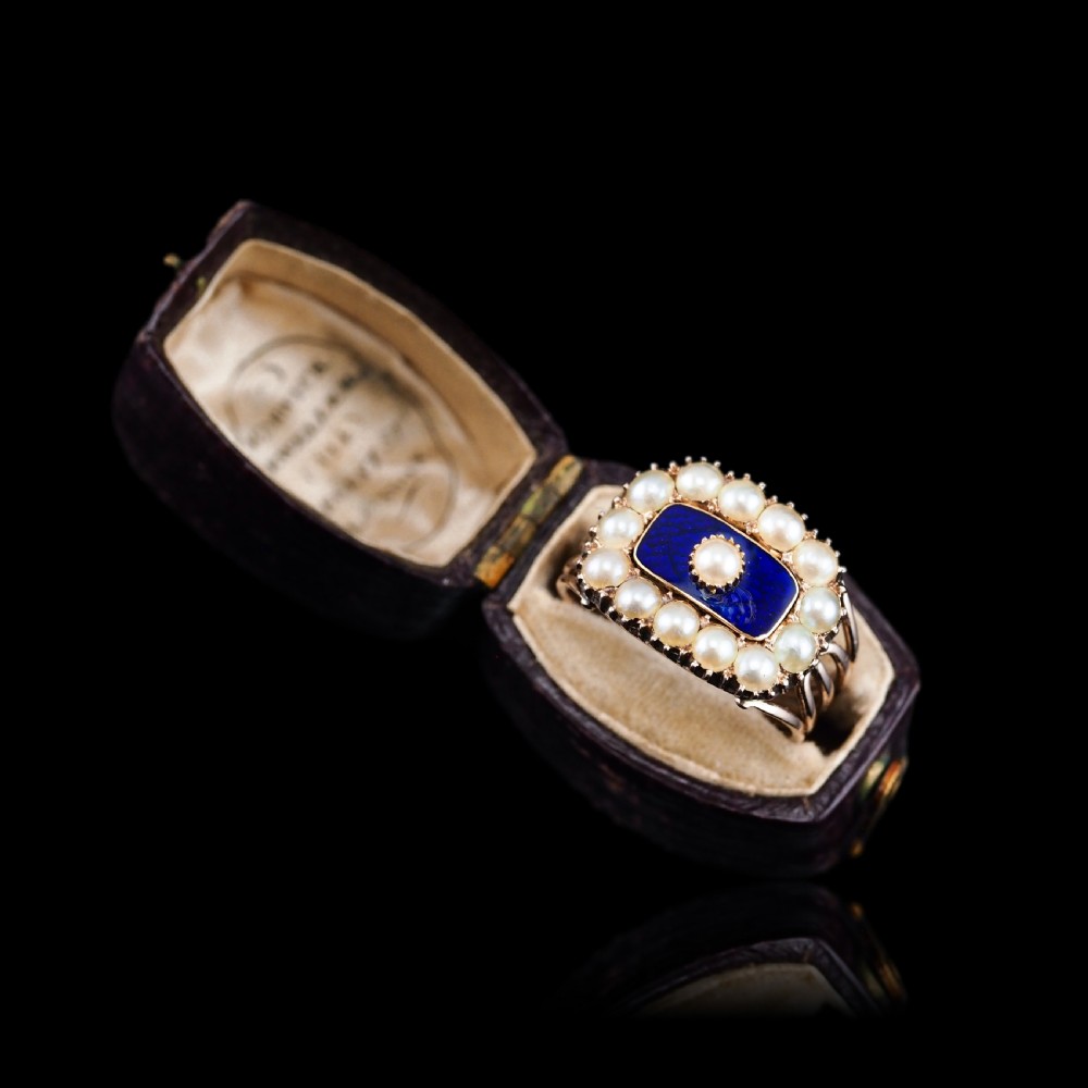 Antique Georgian Blue Enamel & Seed Pearl 14ct Gold Cluster Ring - c.1800 -- View VI