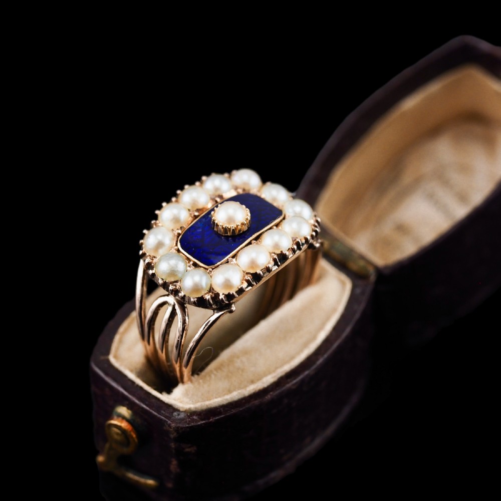 Antique Georgian Blue Enamel & Seed Pearl 14ct Gold Cluster Ring - c.1800 -- View VIII