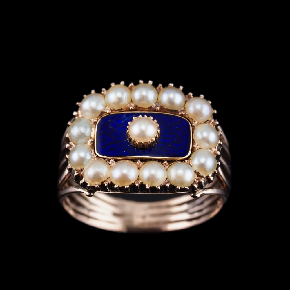 Antique Georgian Blue Enamel & Seed Pearl 14ct Gold Cluster Ring - c.1800 -- View XII