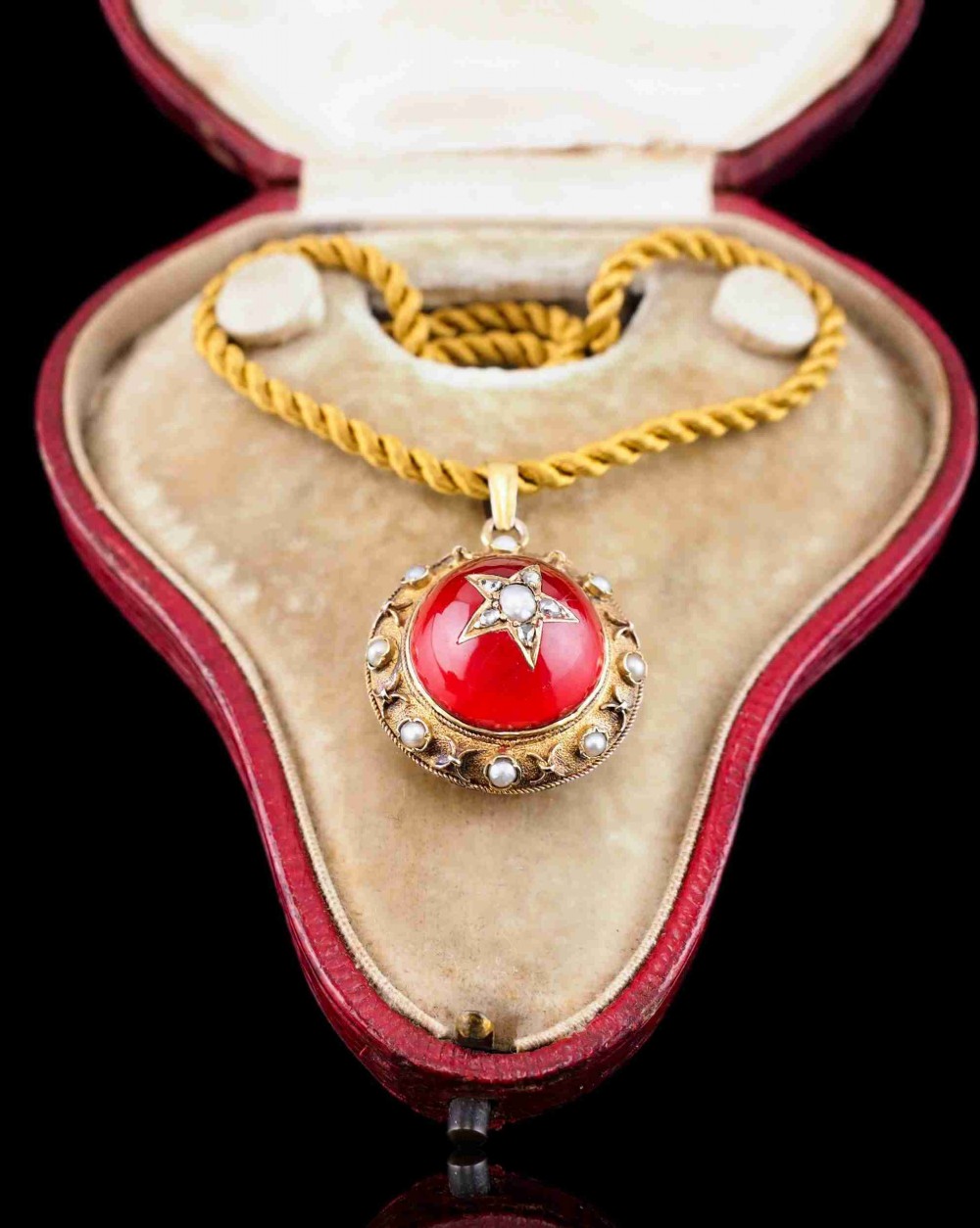 Antique Victorian Diamond & Pearl Star Necklace with Red Rock Crystal Cabochon 15ct Gold - c.1880 --