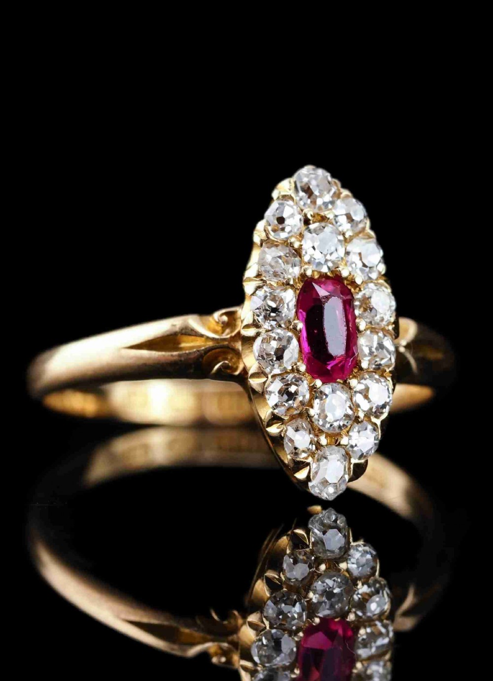 Antique Victorian Ruby & Diamond Ring 18ct Gold Cluster Navette Design - 1886 --