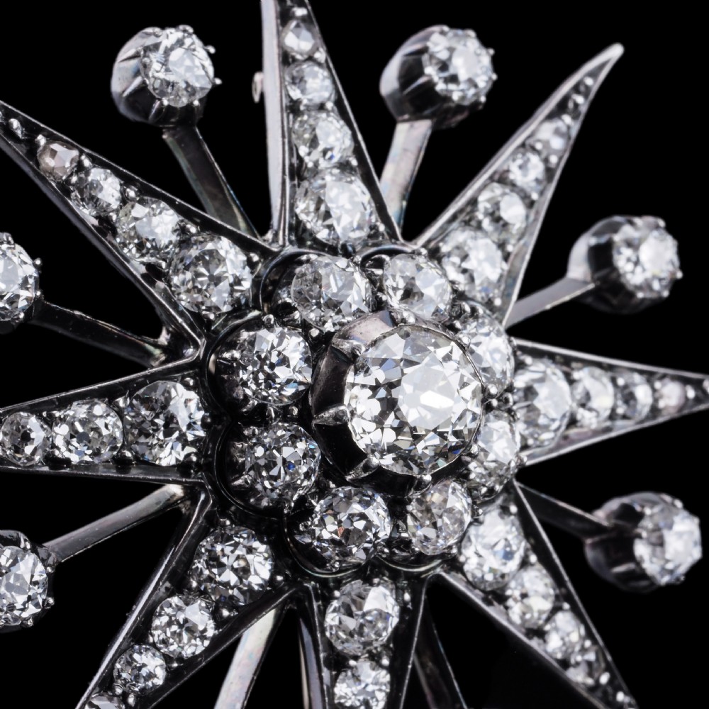 A Victorian diamond starburst tiara featuring a central starburst motif set with round cut diamonds above a sweeping diamond arch mounted on a fine metal headband. View XI
