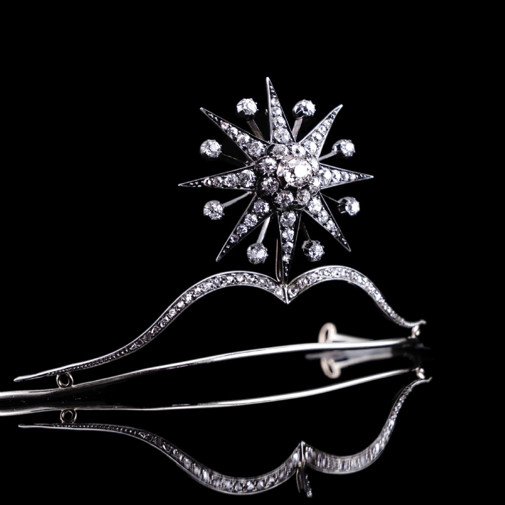 A Victorian diamond starburst tiara featuring a central starburst motif set with round cut diamonds above a sweeping diamond arch mounted on a fine metal headband. View XV