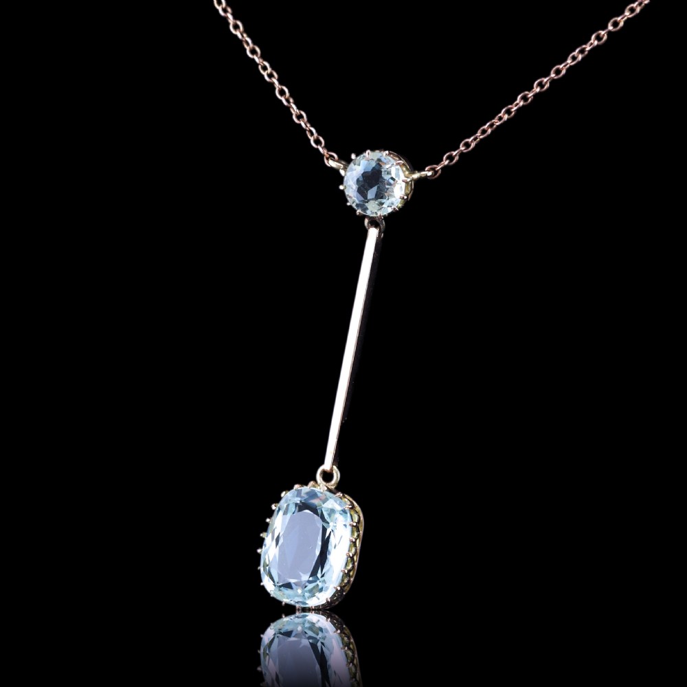 Antique Edwardian Aquamarine Necklace Lavalier Double Drop Design 9ct Gold - c.1900