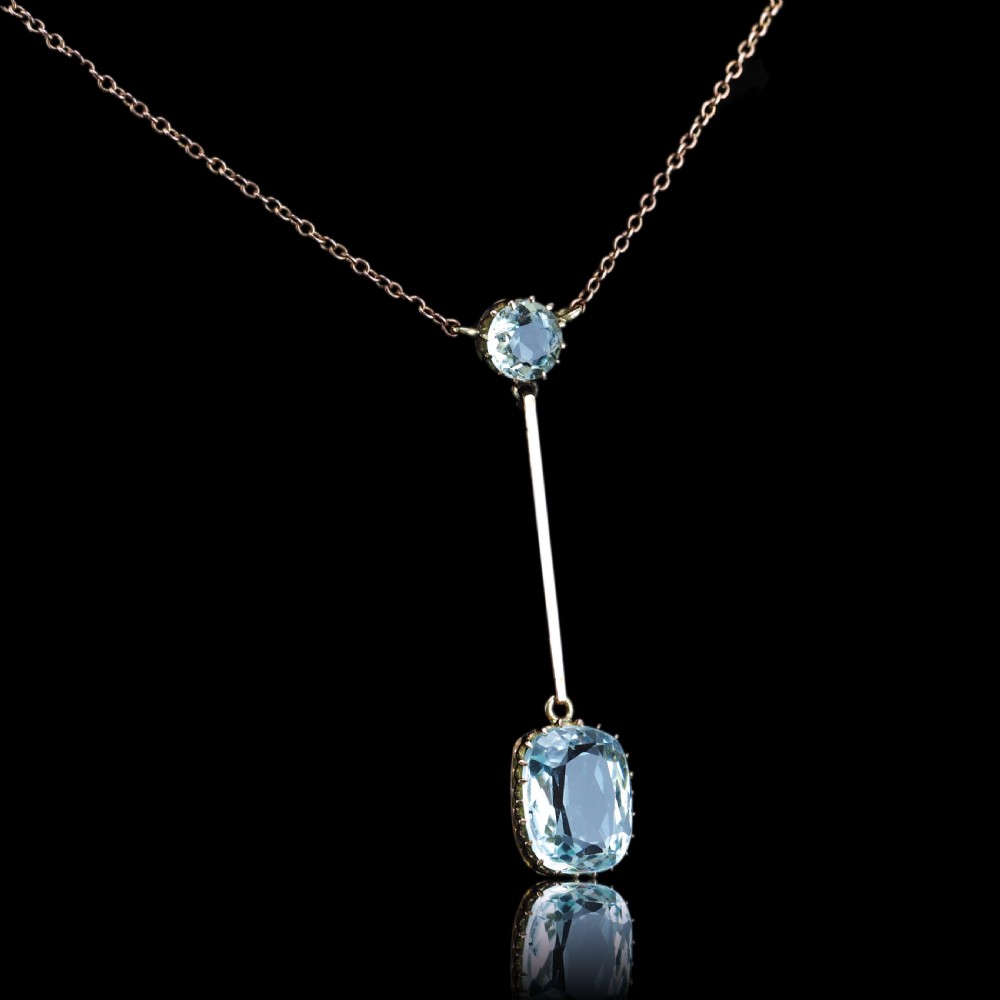 Antique Edwardian Aquamarine Necklace Lavalier Double Drop Design 9ct Gold - c.1900 View III