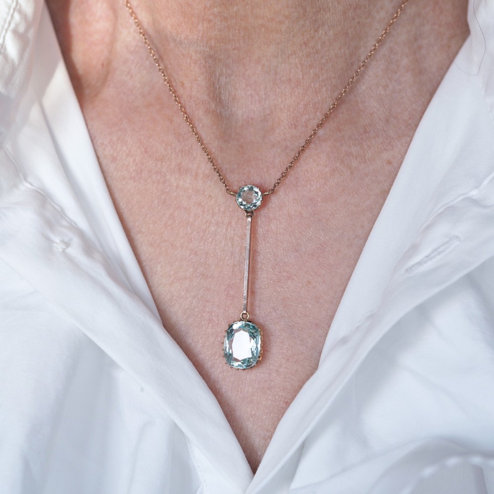 Antique Edwardian Aquamarine Necklace Lavalier Double Drop Design 9ct Gold - c.1900 View V