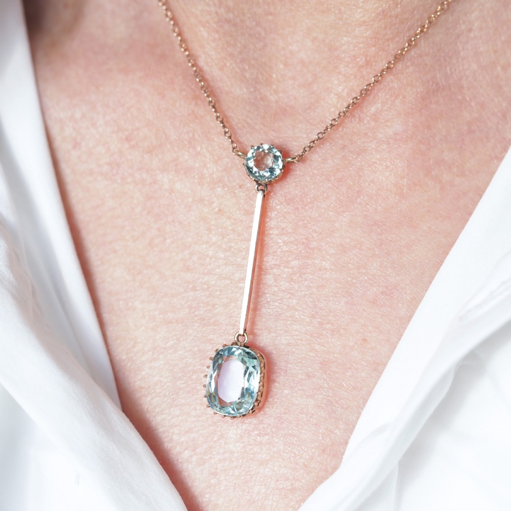 Antique Edwardian Aquamarine Necklace Lavalier Double Drop Design 9ct Gold - c.1900 View X