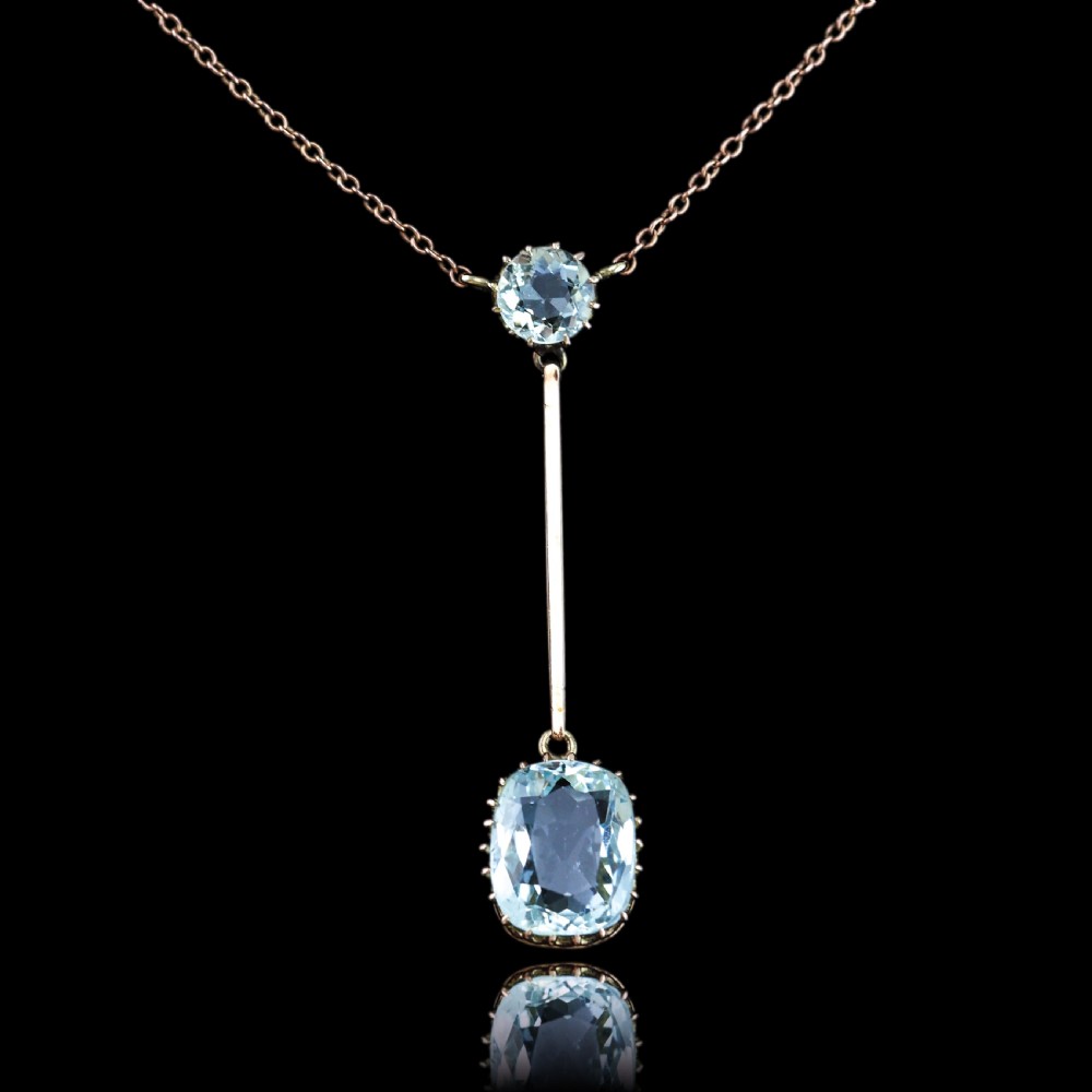 Antique Edwardian Aquamarine Necklace Lavalier Double Drop Design 9ct Gold - c.1900 View XI
