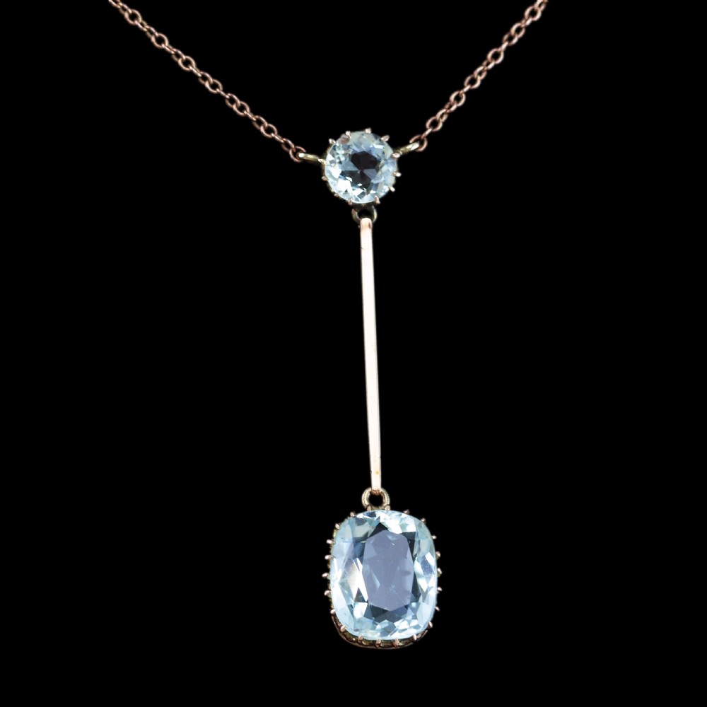 Antique Edwardian Aquamarine Necklace Lavalier Double Drop Design 9ct Gold - c.1900 View XII
