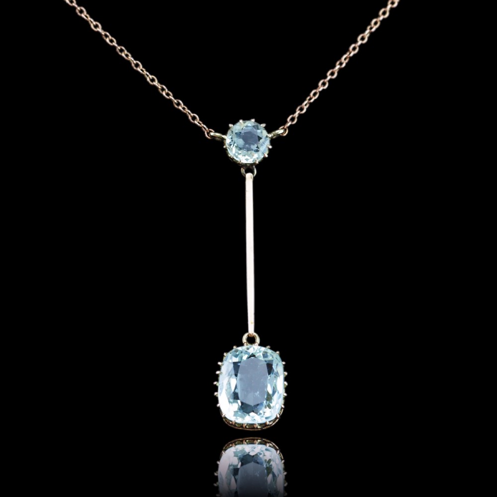 Antique Edwardian Aquamarine Necklace Lavalier Double Drop Design 9ct Gold - c.1900 View XIV