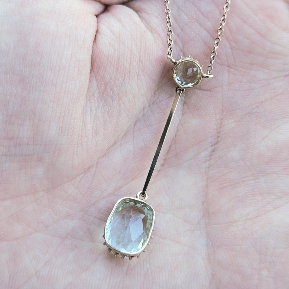 Antique Edwardian Aquamarine Necklace Lavalier Double Drop Design 9ct Gold - c.1900 View XVII