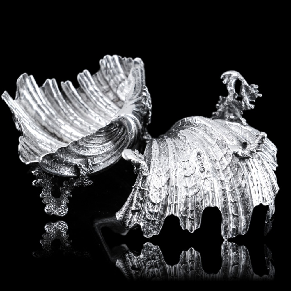 Antique Victorian Solid Silver Salt/Butter Dish Pair, Cast Shell Giant Clam Design - Stephen Smith 1866