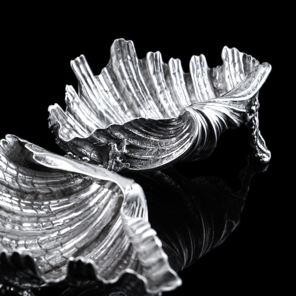 Antique Victorian Solid Silver Salt/Butter Dish Pair, Cast Shell Giant Clam Design - Stephen Smith 1866 View III