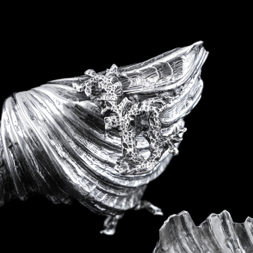 Antique Victorian Solid Silver Salt/Butter Dish Pair, Cast Shell Giant Clam Design - Stephen Smith 1866 View V