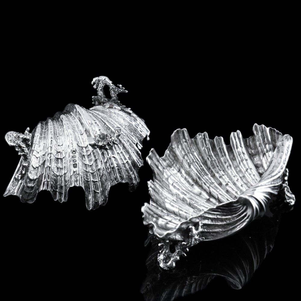 Antique Victorian Solid Silver Salt/Butter Dish Pair, Cast Shell Giant Clam Design - Stephen Smith 1866 View VI
