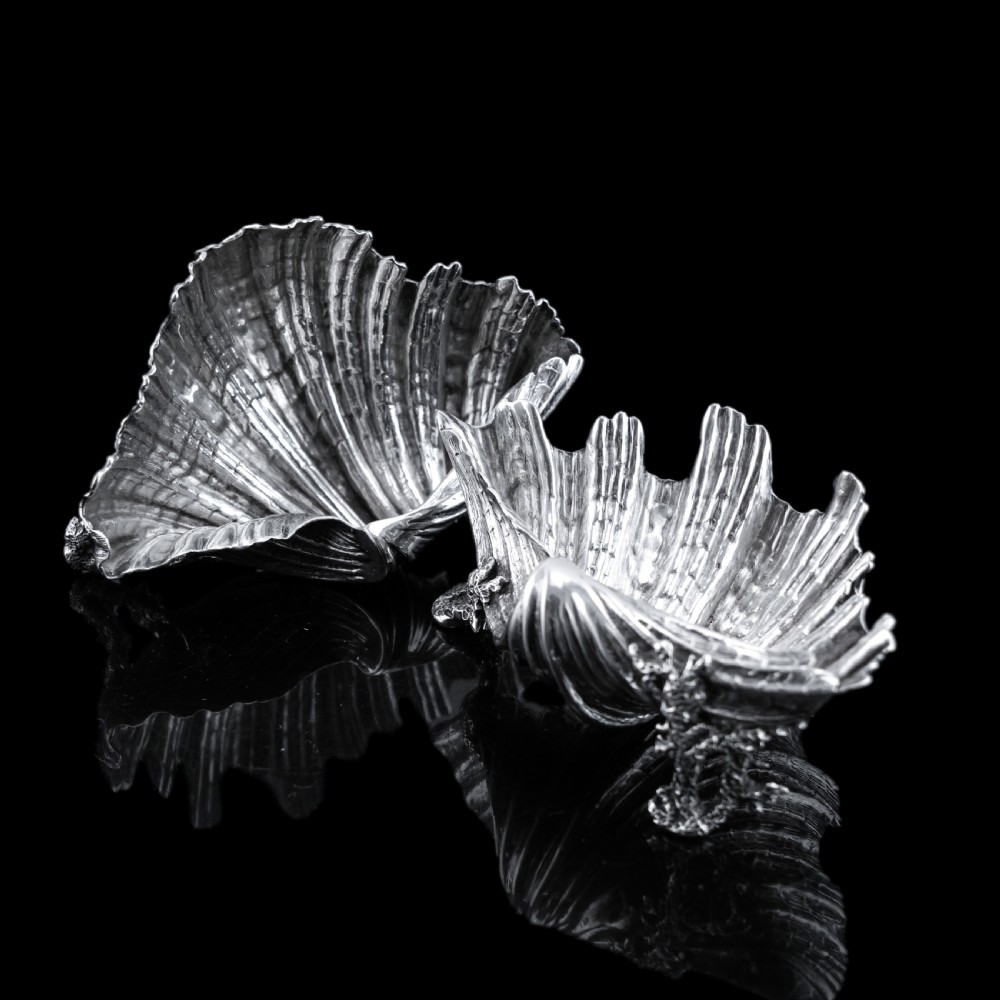 Antique Victorian Solid Silver Salt/Butter Dish Pair, Cast Shell Giant Clam Design - Stephen Smith 1866 View VII