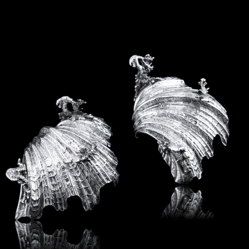 Antique Victorian Solid Silver Salt/Butter Dish Pair, Cast Shell Giant Clam Design - Stephen Smith 1866 View IX