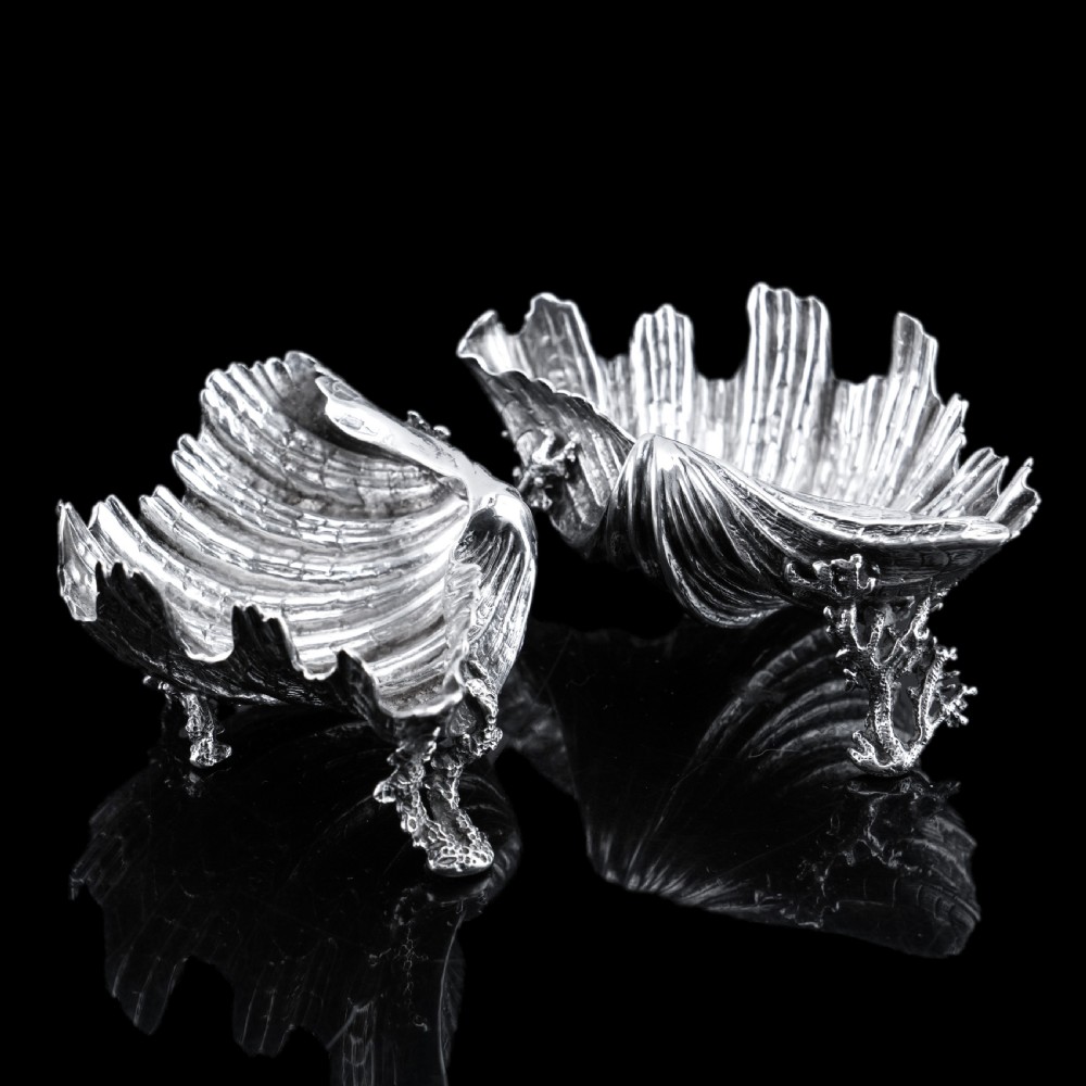 Antique Victorian Solid Silver Salt/Butter Dish Pair, Cast Shell Giant Clam Design - Stephen Smith 1866 View X