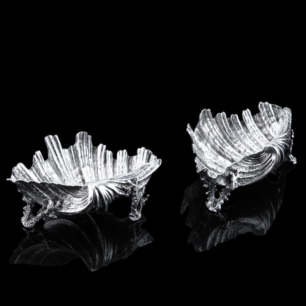 Antique Victorian Solid Silver Salt/Butter Dish Pair, Cast Shell Giant Clam Design - Stephen Smith 1866 View XI