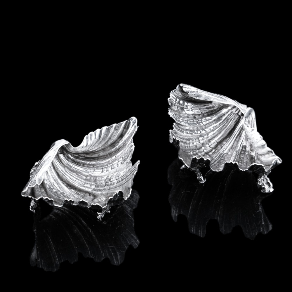 Antique Victorian Solid Silver Salt/Butter Dish Pair, Cast Shell Giant Clam Design - Stephen Smith 1866 View XII