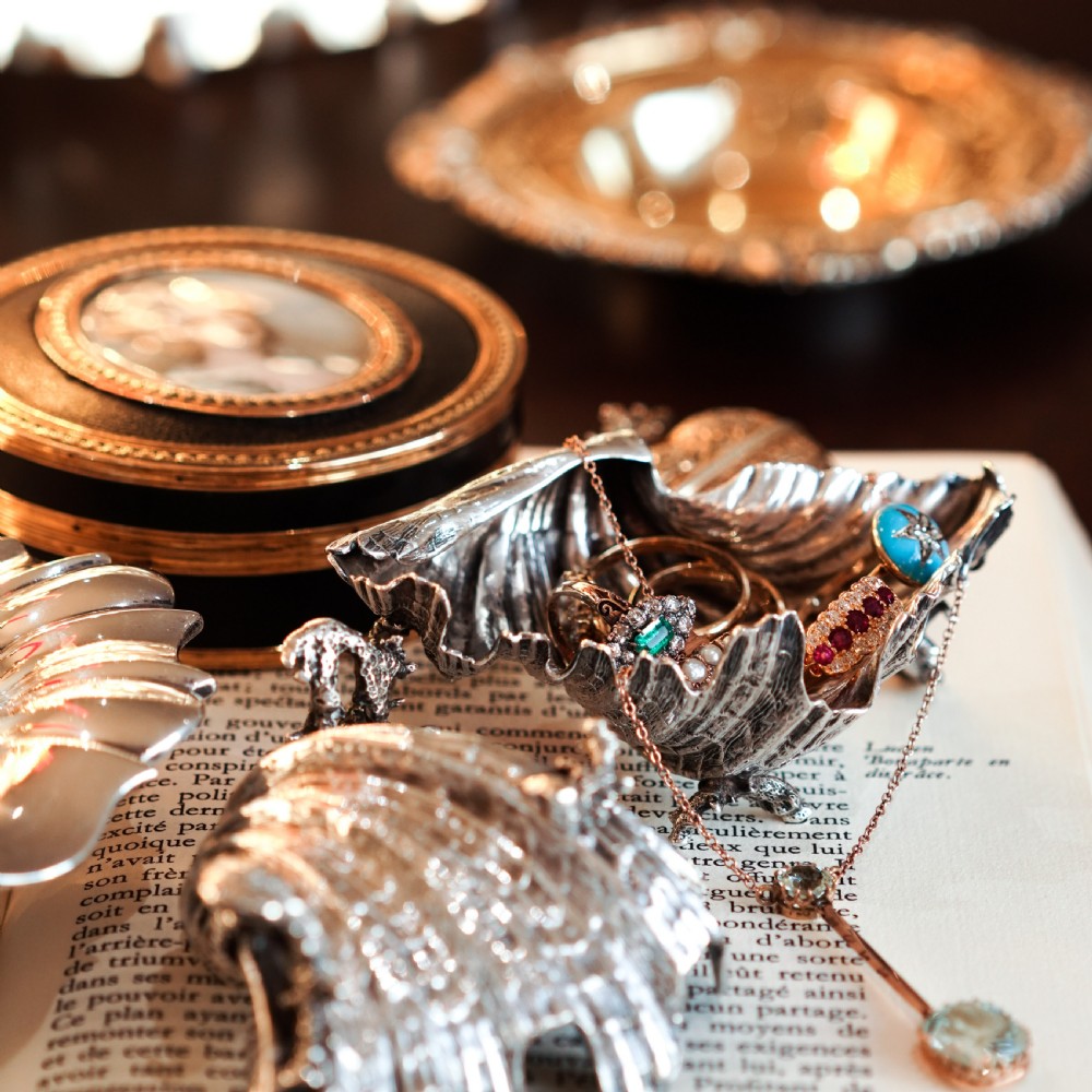Antique Victorian Solid Silver Salt/Butter Dish Pair, Cast Shell Giant Clam Design - Stephen Smith 1866 View XIV