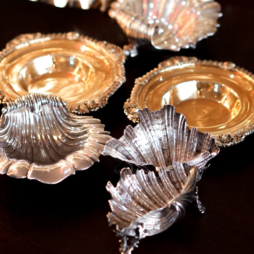 Antique Victorian Solid Silver Salt/Butter Dish Pair, Cast Shell Giant Clam Design - Stephen Smith 1866 View XVIII