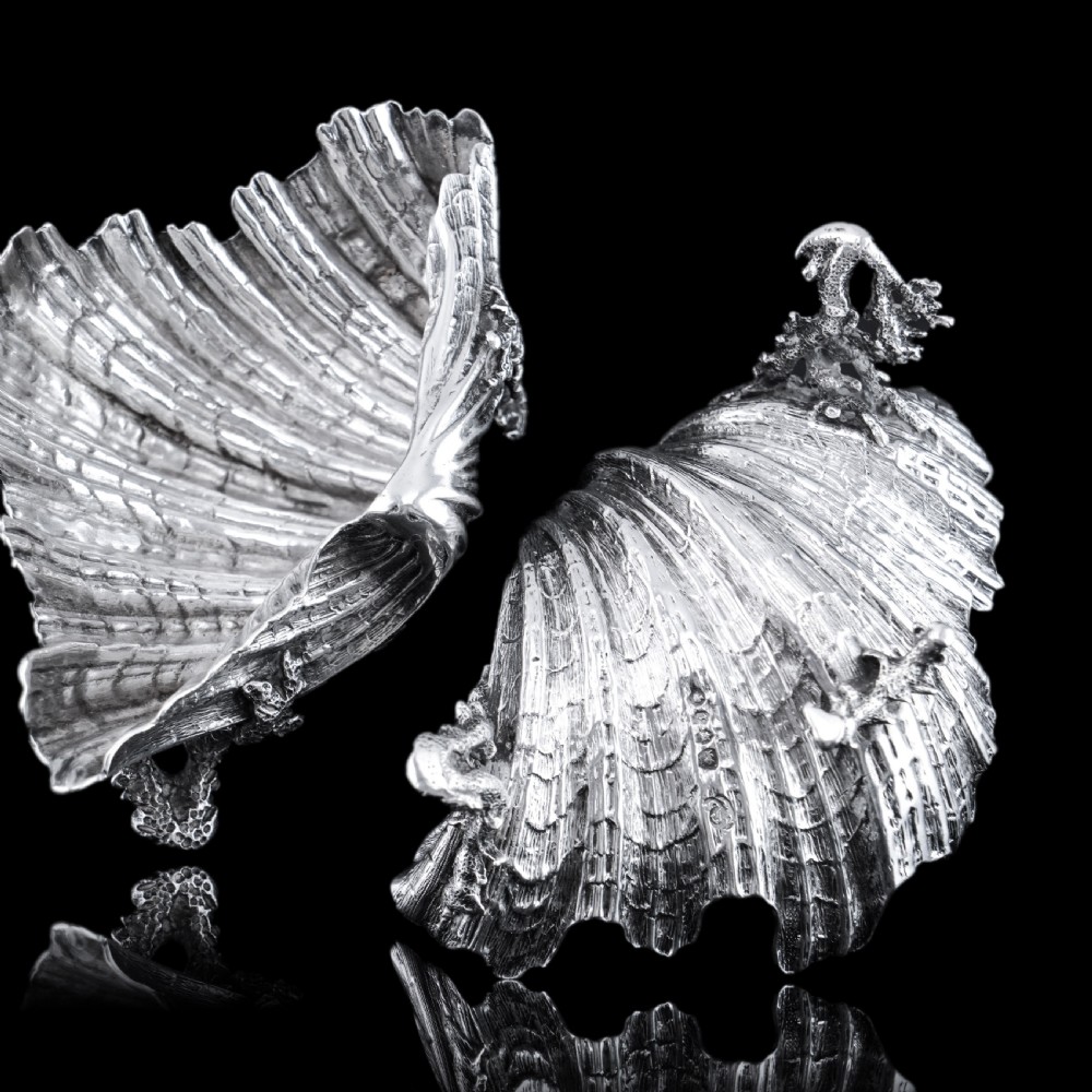Antique Victorian Solid Silver Salt/Butter Dish Pair, Cast Shell Giant Clam Design - Stephen Smith 1866 View XXII