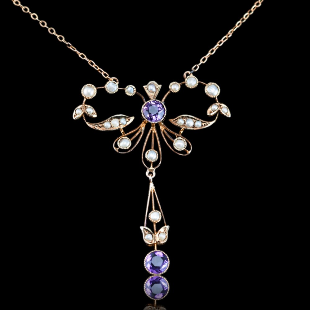 Antique Edwardian Amethyst and Seed Pearl Necklace 9K Gold Bow Shaped - c.1910