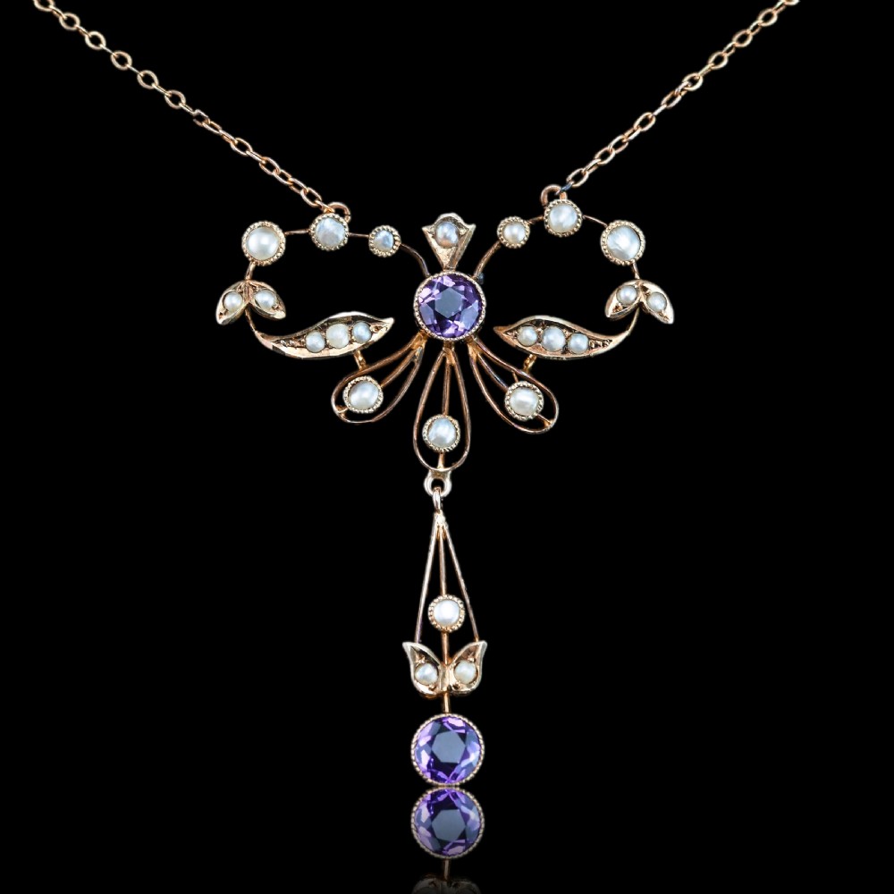 Antique Edwardian Amethyst and Seed Pearl Necklace 9K Gold Bow Shaped - c.1910 View II
