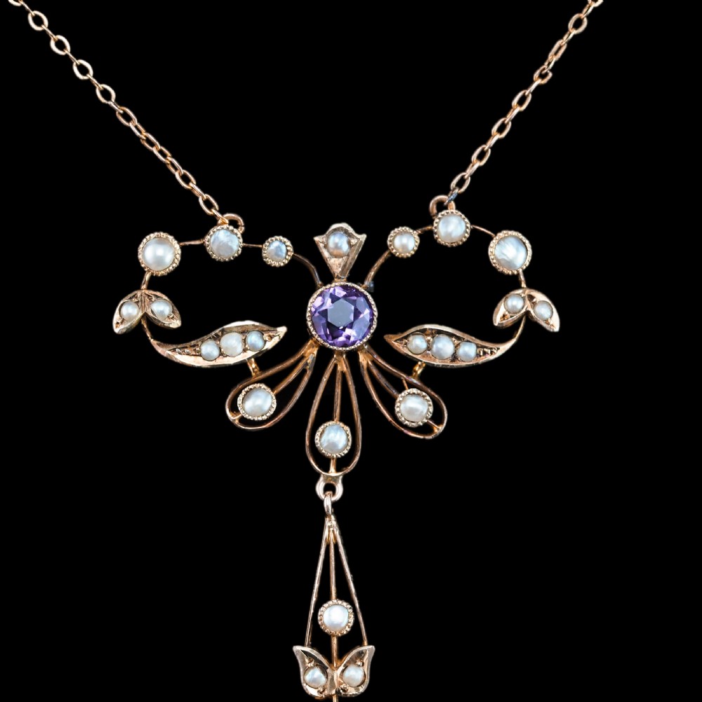 Antique Edwardian Amethyst and Seed Pearl Necklace 9K Gold Bow Shaped - c.1910 View III