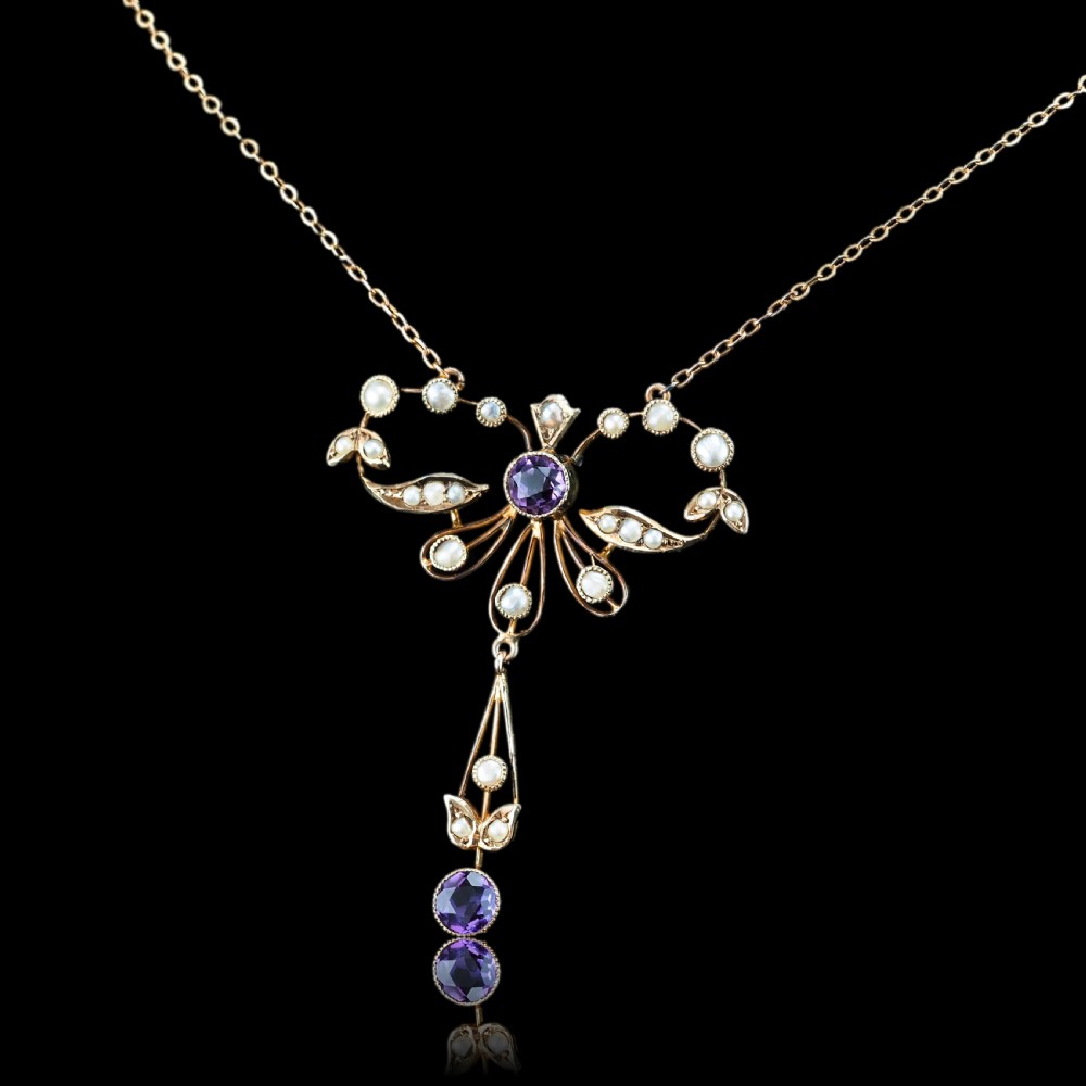 Antique Edwardian Amethyst and Seed Pearl Necklace 9K Gold Bow Shaped - c.1910 View IV