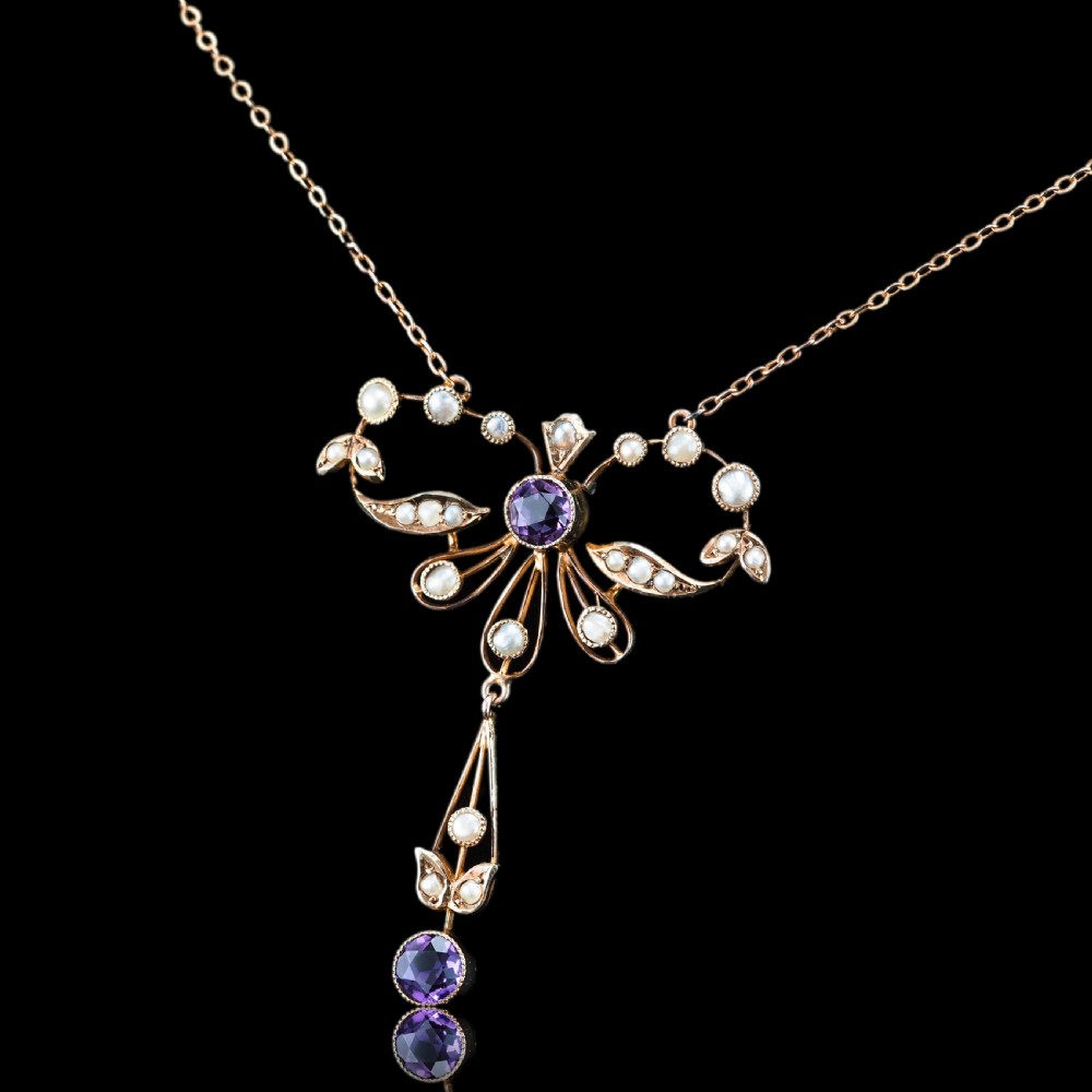 Antique Edwardian Amethyst and Seed Pearl Necklace 9K Gold Bow Shaped - c.1910 View V