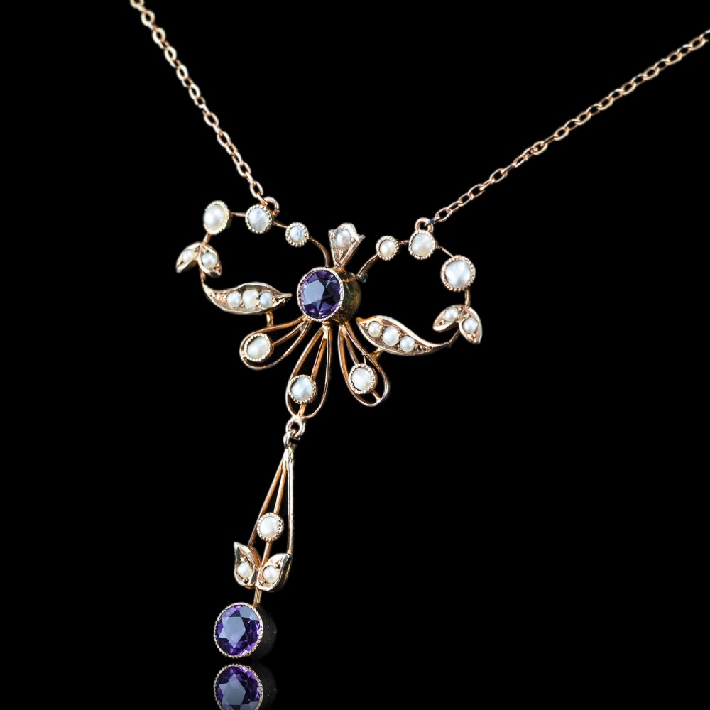Antique Edwardian Amethyst and Seed Pearl Necklace 9K Gold Bow Shaped - c.1910 View VI
