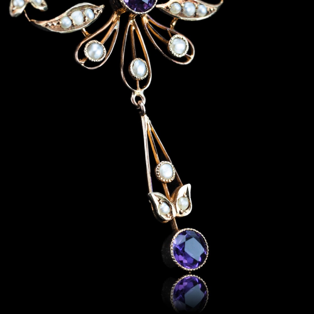 Antique Edwardian Amethyst and Seed Pearl Necklace 9K Gold Bow Shaped - c.1910 View VII
