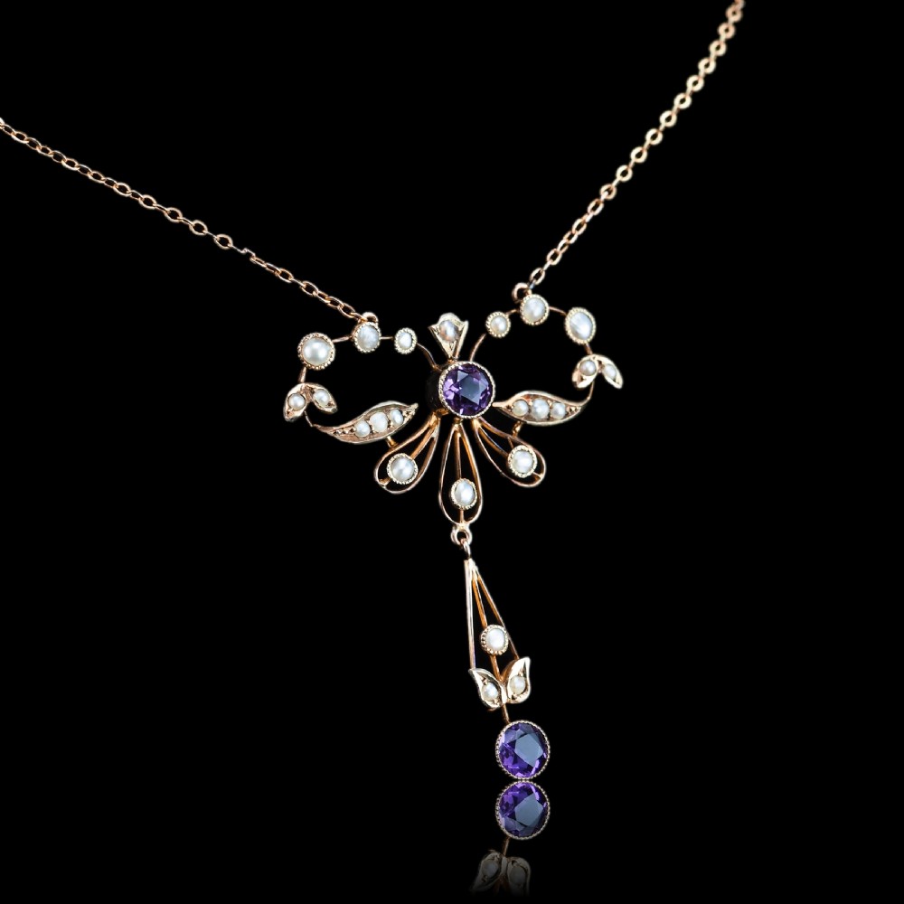 Antique Edwardian Amethyst and Seed Pearl Necklace 9K Gold Bow Shaped - c.1910 View VIII