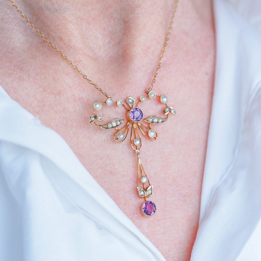 Antique Edwardian Amethyst and Seed Pearl Necklace 9K Gold Bow Shaped - c.1910 View IX