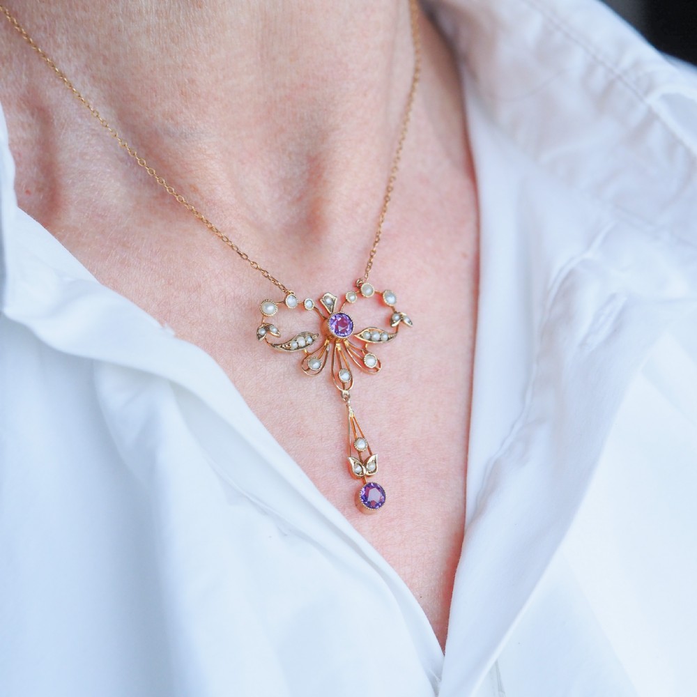 Antique Edwardian Amethyst and Seed Pearl Necklace 9K Gold Bow Shaped - c.1910 View X