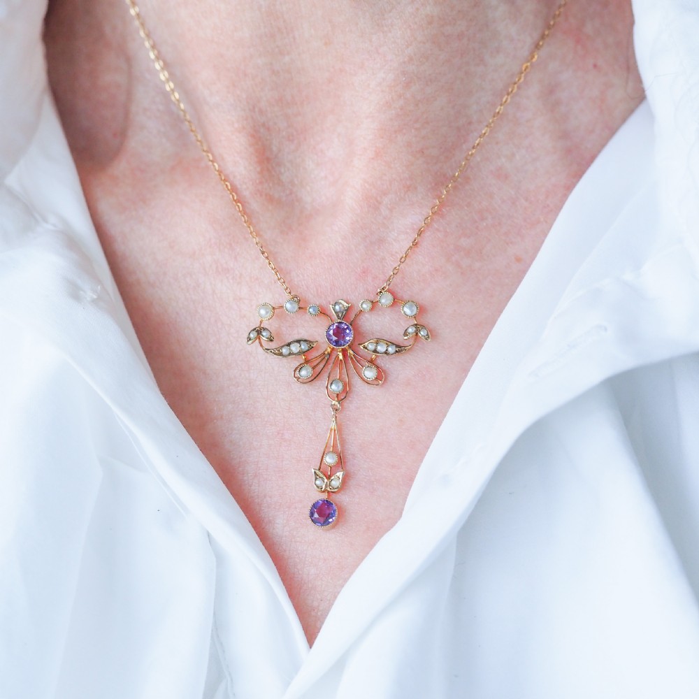 Antique Edwardian Amethyst and Seed Pearl Necklace 9K Gold Bow Shaped - c.1910 View XI