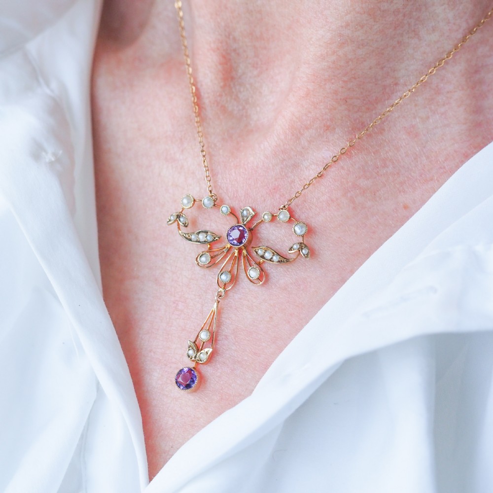 Antique Edwardian Amethyst and Seed Pearl Necklace 9K Gold Bow Shaped - c.1910 View XIII