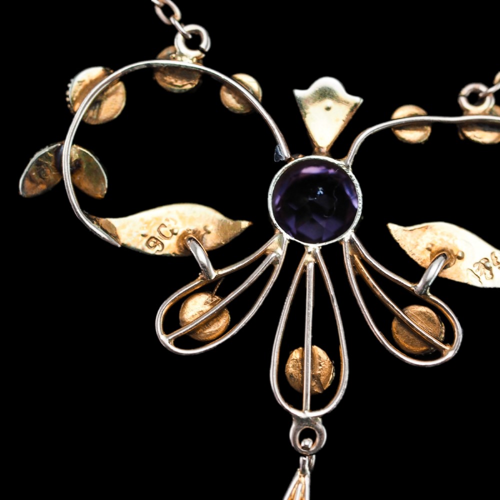 Antique Edwardian Amethyst and Seed Pearl Necklace 9K Gold Bow Shaped - c.1910 View XIV