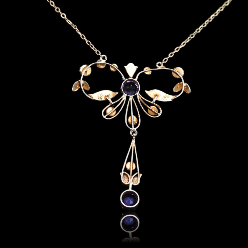 Antique Edwardian Amethyst and Seed Pearl Necklace 9K Gold Bow Shaped - c.1910 View XV