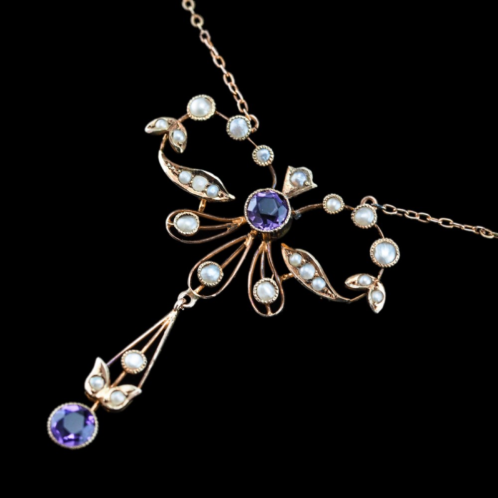 Antique Edwardian Amethyst and Seed Pearl Necklace 9K Gold Bow Shaped - c.1910 View XVI