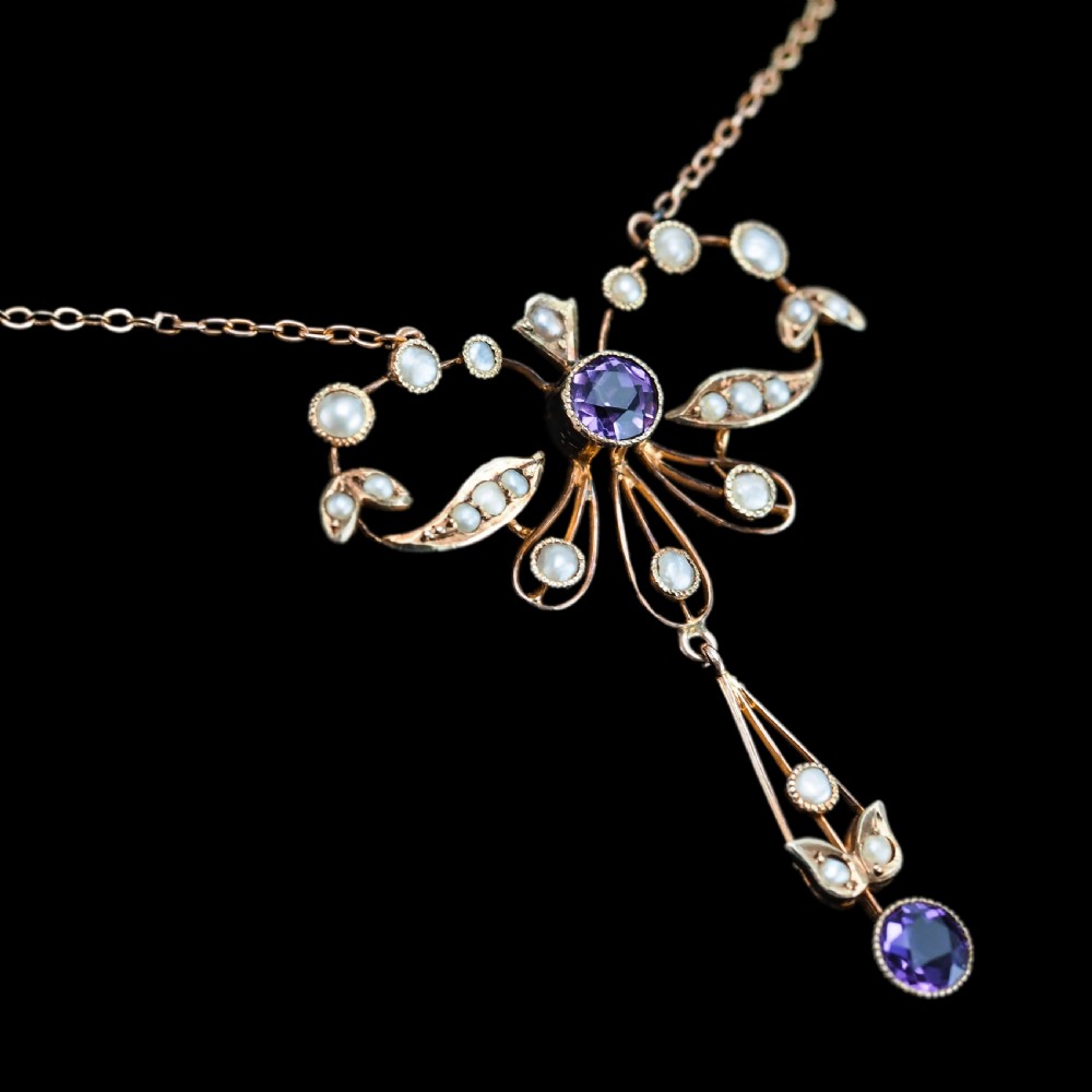 Antique Edwardian Amethyst and Seed Pearl Necklace 9K Gold Bow Shaped - c.1910 View XVII