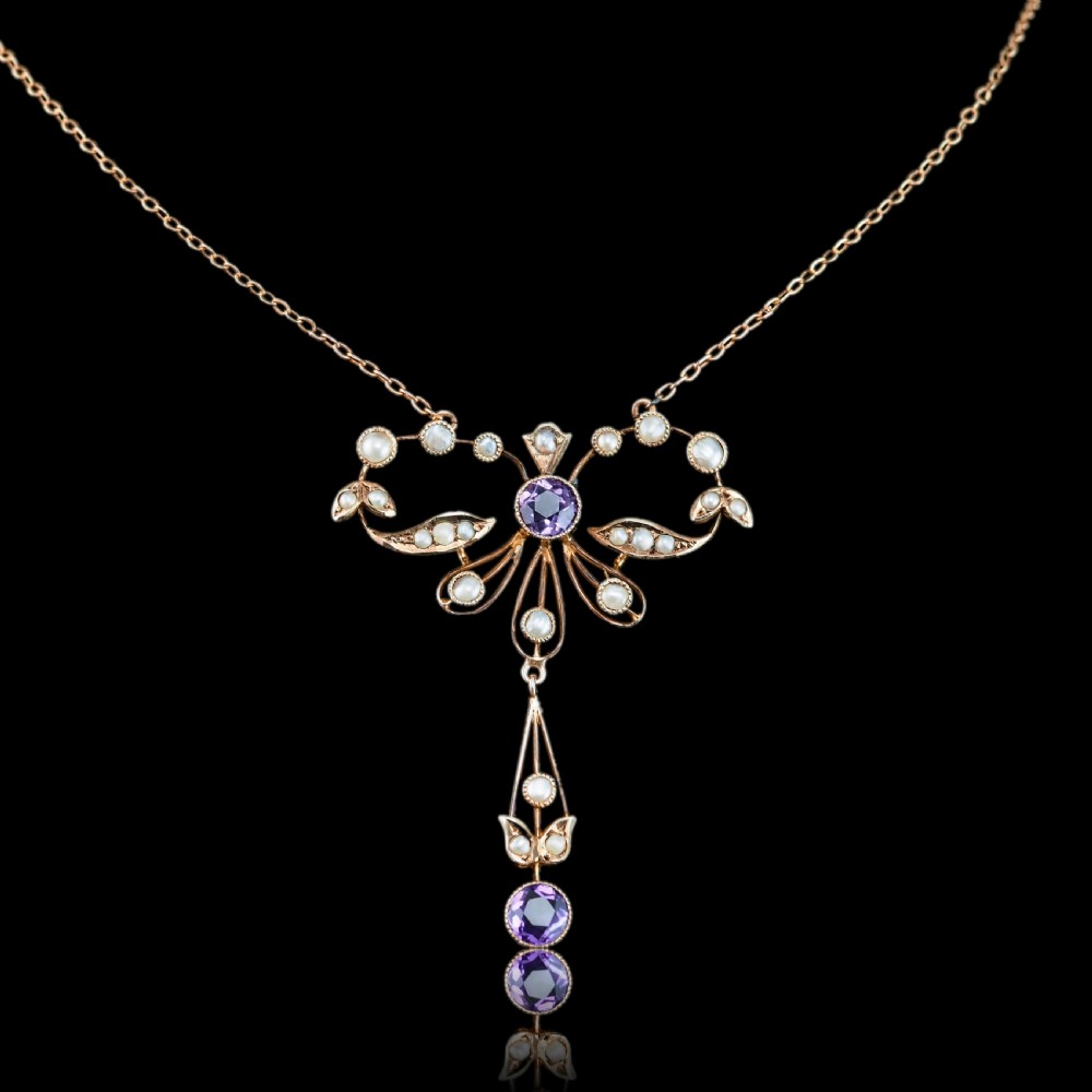 Antique Edwardian Amethyst and Seed Pearl Necklace 9K Gold Bow Shaped - c.1910 View XVIII