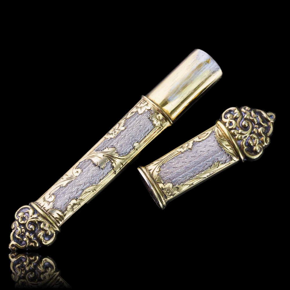 Antique French Silver Etui Parcel Gilt Fine Engravings & Engine Turning - 19th C.