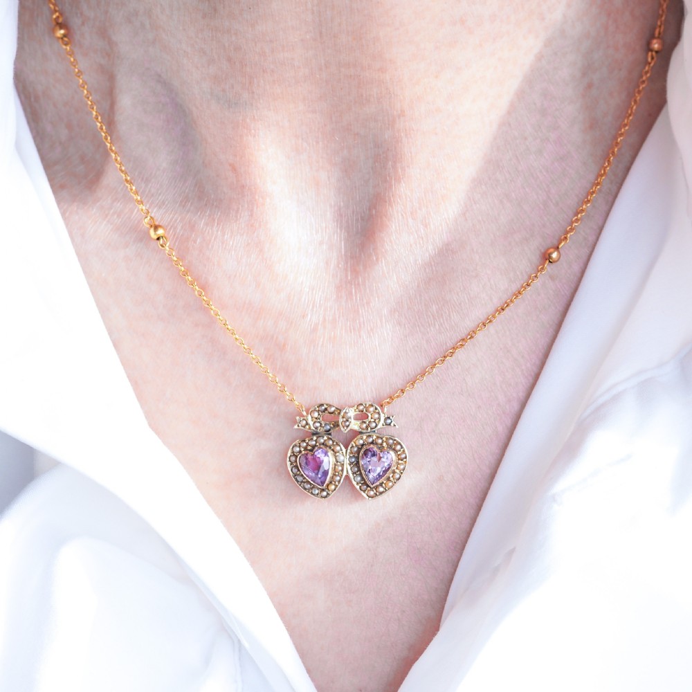 Antique Edwardian Heart Necklace Amethyst & Seed Pearl 9K Gold - c.1910 View II